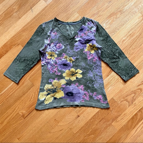 Nicole Miller Green Floral 3/4 V Neck T Shirt S - Picture 1 of 4